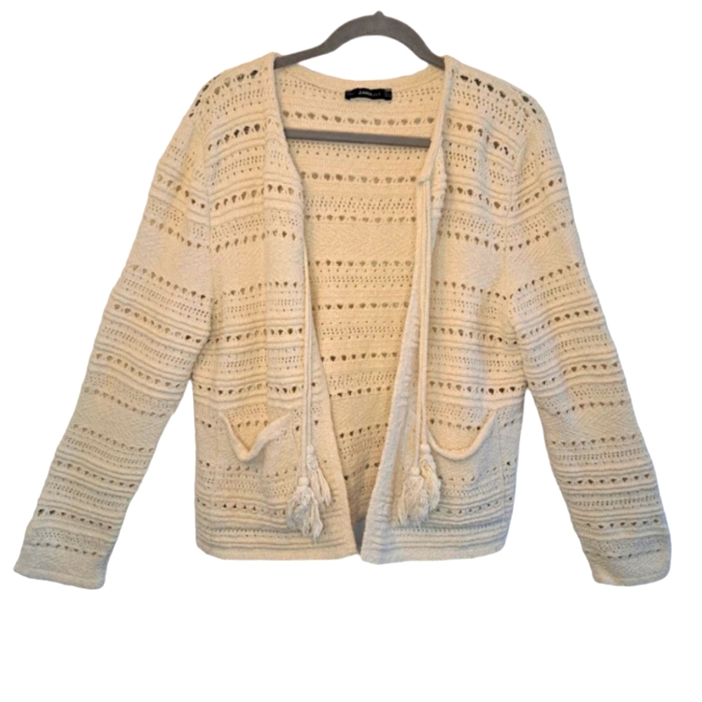 Zara Knit Open Weave Cardigan with Tassels Pockets Size Large